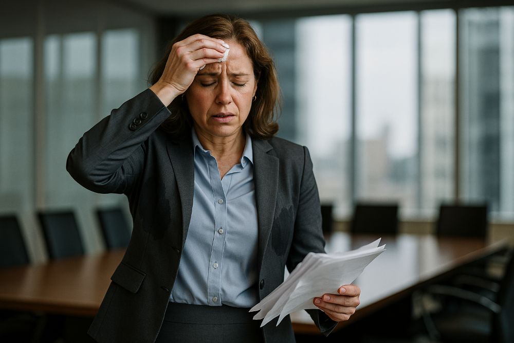 Woman having hot flash at work