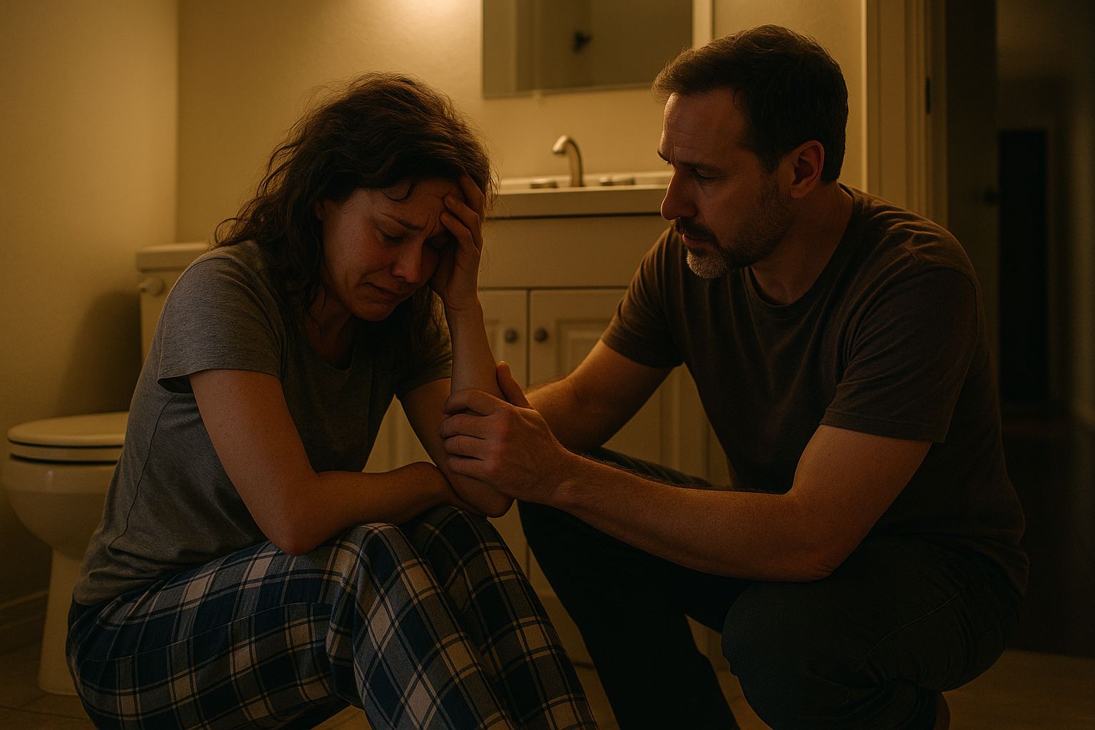 Woman crying in bedroom