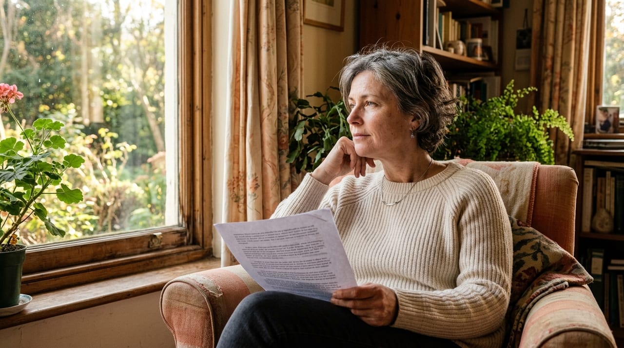 Calm, evidence-based breast cancer awareness imagery — pink ribbon next to medical reference materials