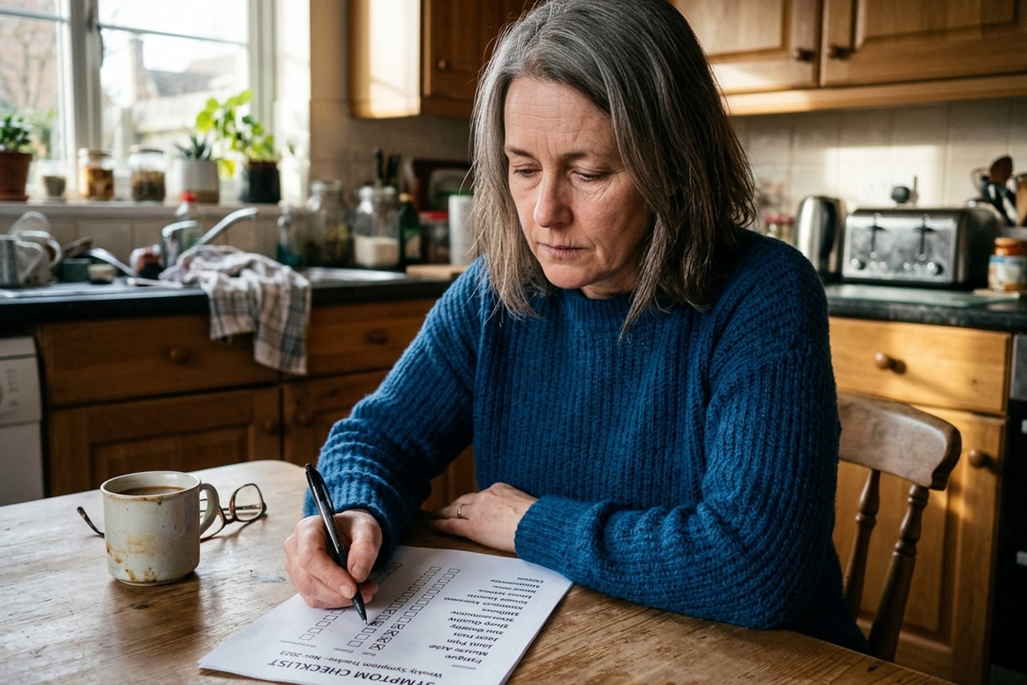 Woman age 49 in deep ocean blue knit sweater sitting at a dining table reviewing a paper checklist with multiple symptoms ticked, contemplative resigned-but-resolute expression in directional morning window light