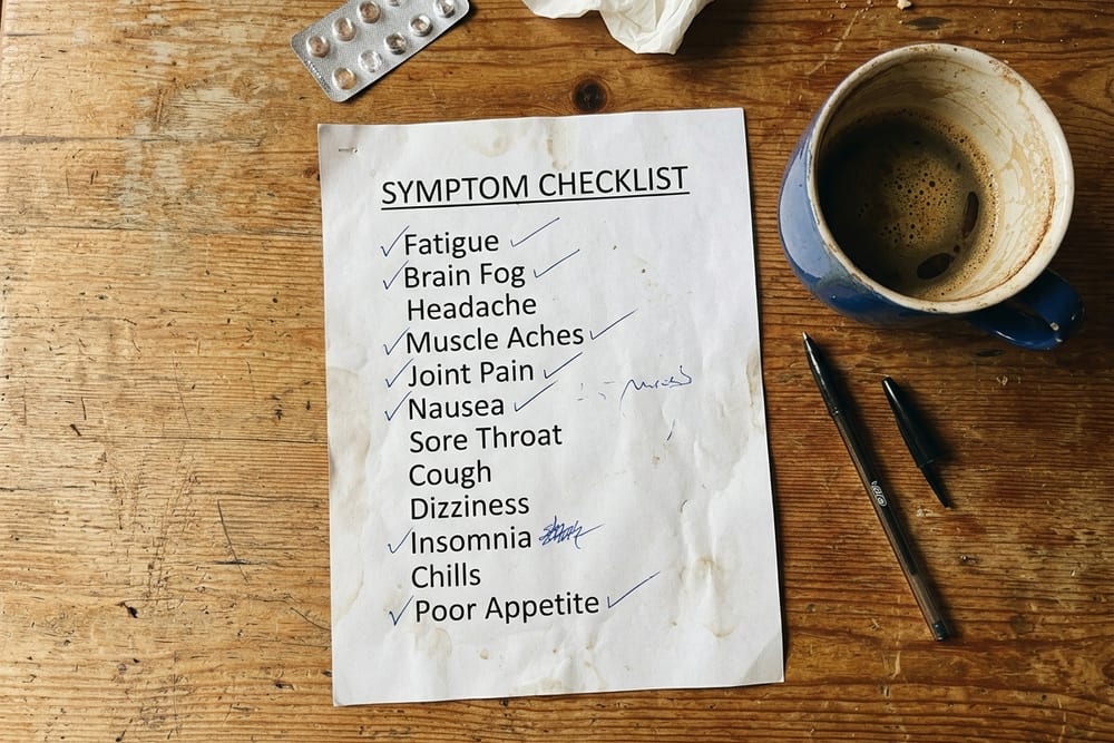 Overhead view of a wooden table with a printed list of perimenopause symptoms with handwritten checkmarks beside many of them, a coffee mug with cold remains, and a pen, in real directional shadow