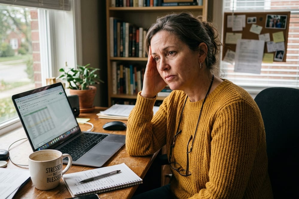 Woman age 51 in mustard yellow sweater with hand on her temple, sitting at a desk with a laptop she's not really focused on, in soft afternoon light, with a slight frustration expression