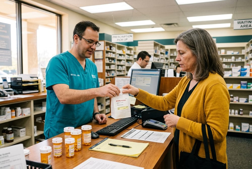 Woman in a mustard yellow cardigan picking up a small white prescription bag from a pharmacist in saturated teal scrubs at a pharmacy counter