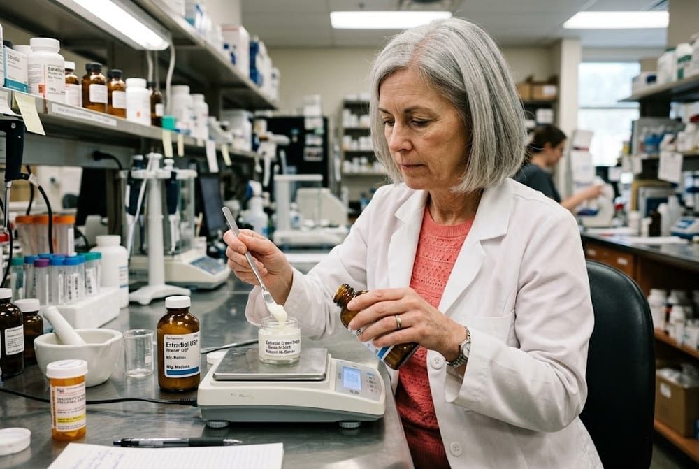 Female pharmacist in a white lab coat over a coral pink top measuring a cream into a small jar at a 503A compounding pharmacy bench, with an electronic balance scale and an amber bottle labeled estradiol USP visible