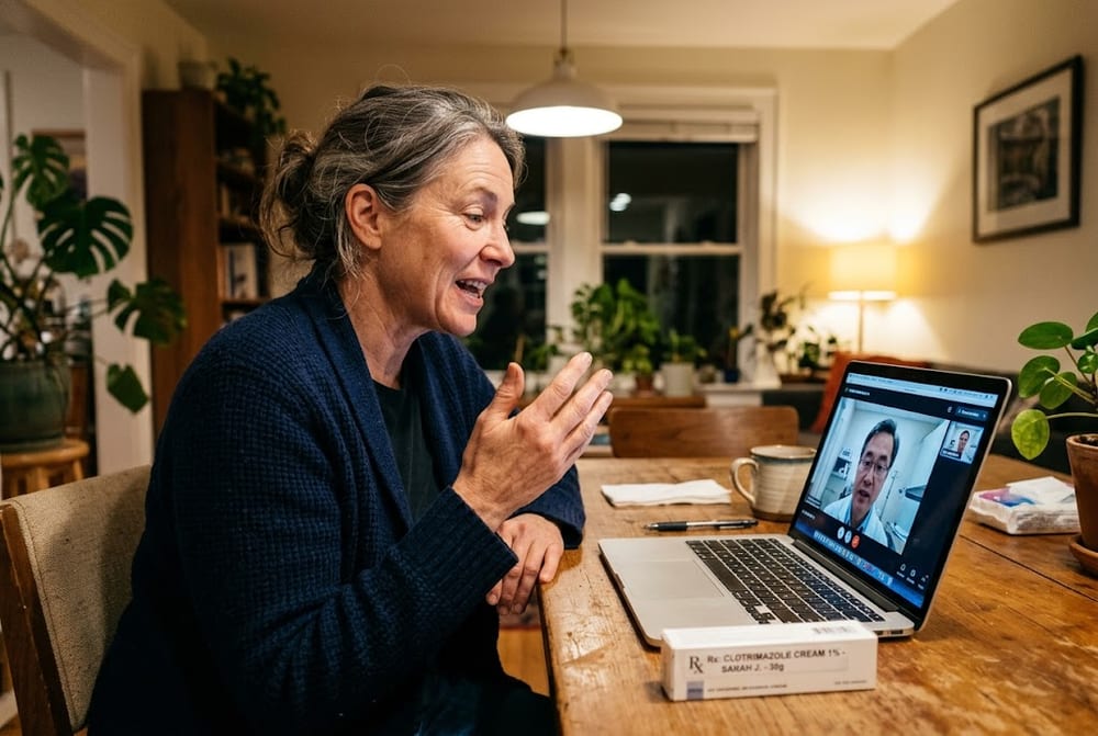 Woman in a deep navy blue cardigan on a video call with a doctor visible on her laptop screen at a wooden dining table, a small unopened box of prescription cream beside the laptop