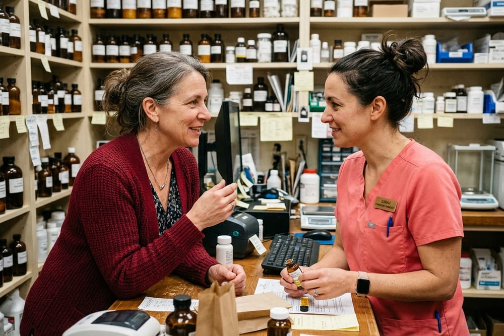 Woman age 51 in burgundy red cardigan in conversation with a female pharmacist in coral pink scrubs at a compounding pharmacy counter