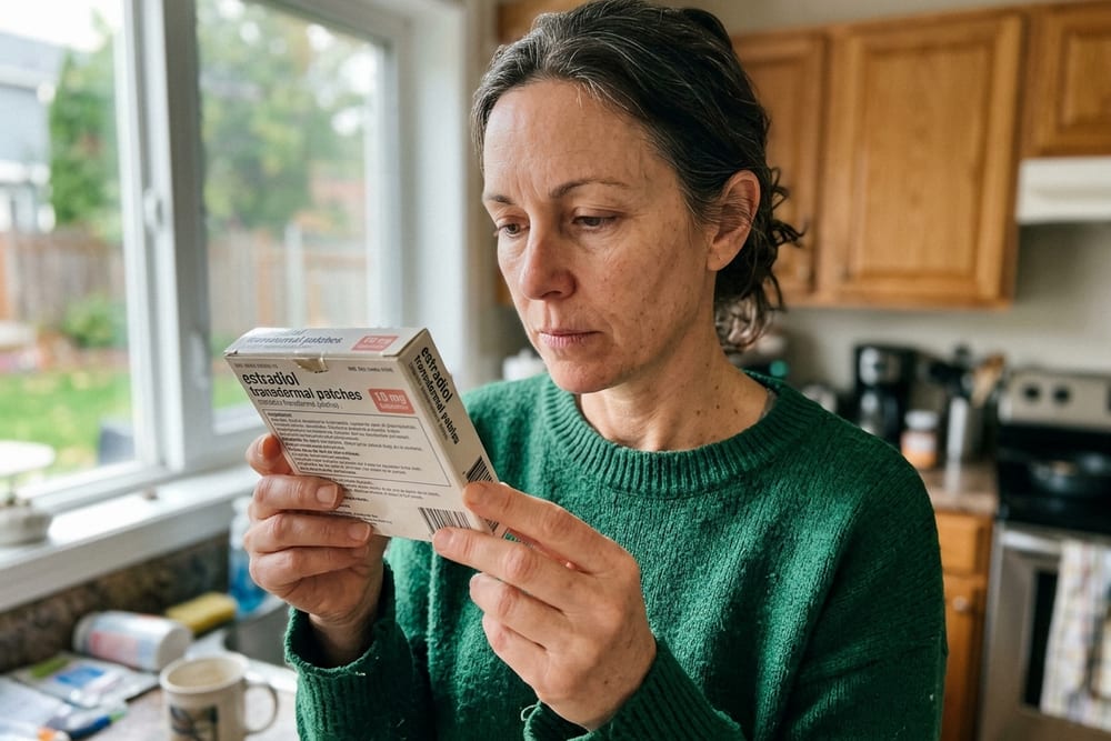 Woman age 49 in deep emerald green sweater at home holding an FDA-approved estradiol patch package, examining ingredient list, soft afternoon kitchen light
