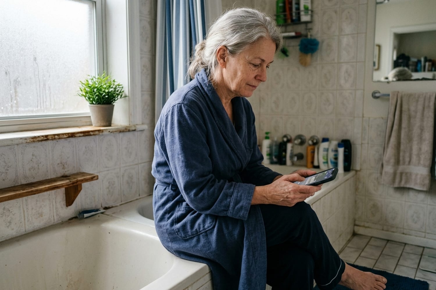 Woman age 56 in dusty navy blue robe sitting on the edge of a bath tub looking thoughtfully at her phone, calm not panicked expression, soft morning light through window