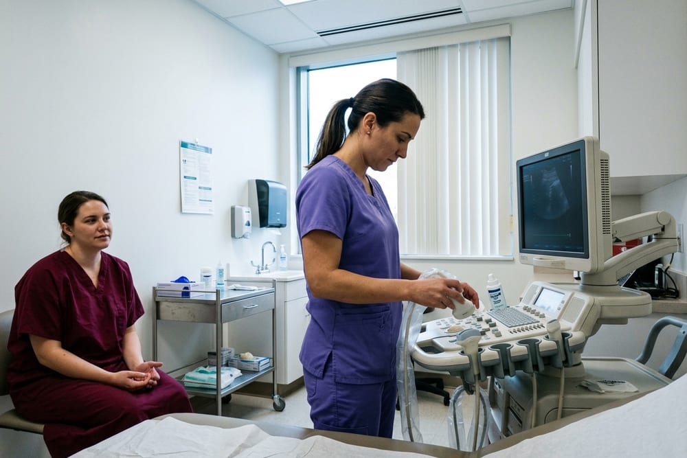 Female sonographer in lavender scrubs preparing transvaginal ultrasound equipment in a clean white exam room while a patient in a deep maroon scrub gown sits calmly in the foreground