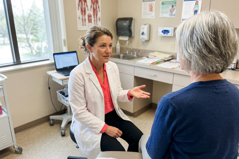 Female gynecologist age 50s in white coat over a saturated coral blouse, sitting on a stool talking calmly with a patient, explaining something with a hand gesture in an exam room with daylight