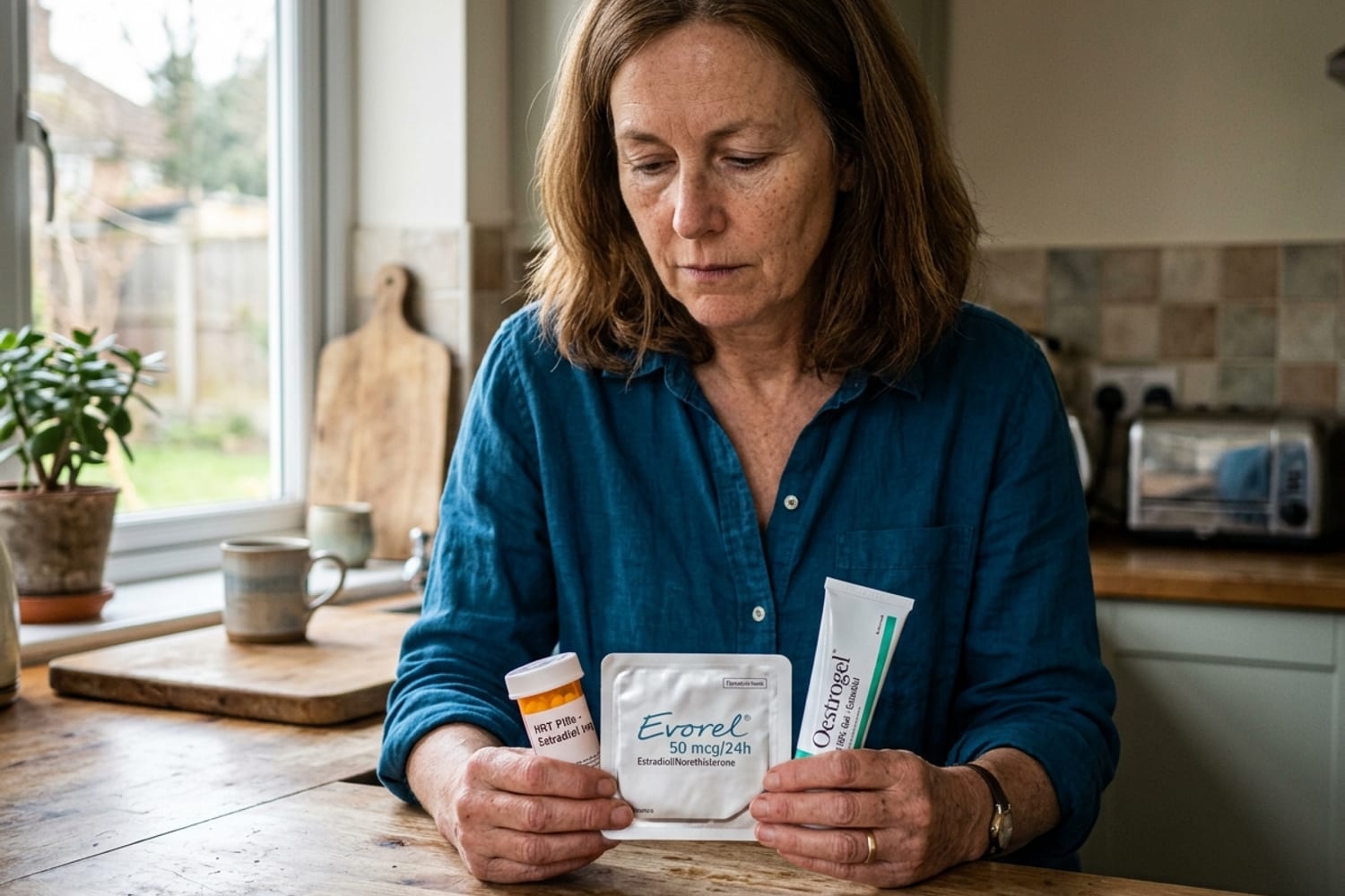 Woman age 50 in deep teal blue button-up holding three HRT products side-by-side on her kitchen counter — a pill bottle, a patch package, and a tube of cream — comparing them with a considering expression