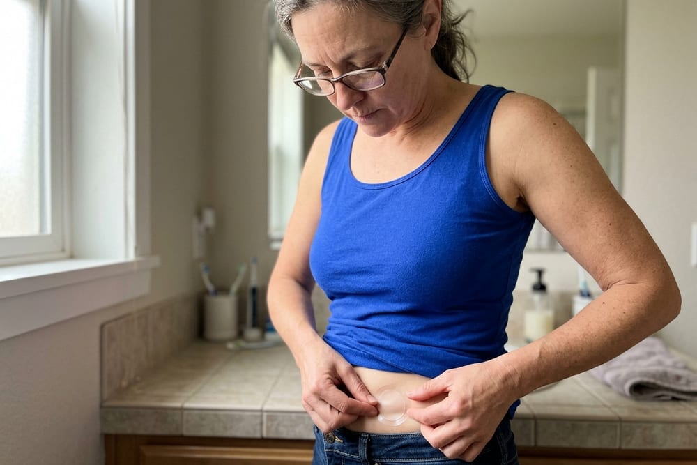 Woman age 51 in saturated cobalt blue tank top applying an estrogen patch to her hip with a focused careful expression in soft bathroom morning light