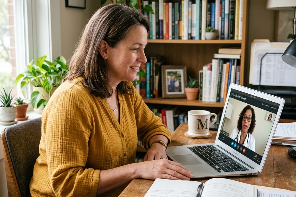 Woman age 49 in mustard yellow blouse on telehealth video call with a clinician on her laptop screen attentive listening expression in soft afternoon light