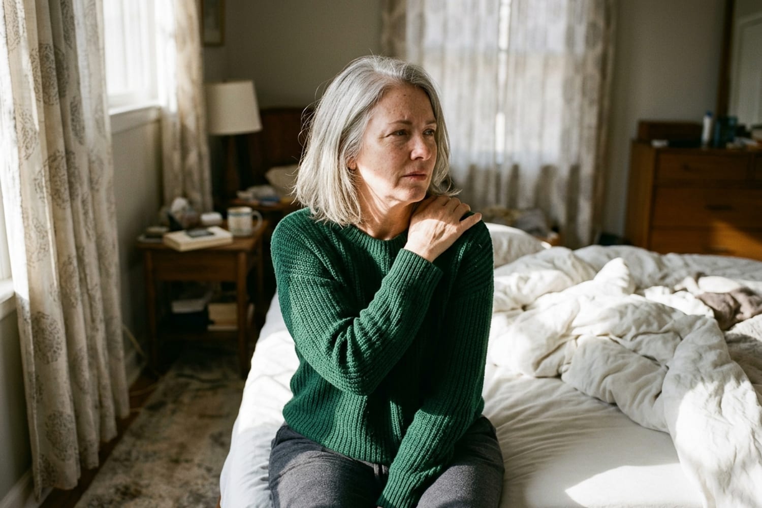 Woman in her early 50s in dark emerald green sweater sitting on the edge of her bed in dramatic morning light cupping her opposite shoulder with a quiet wince
