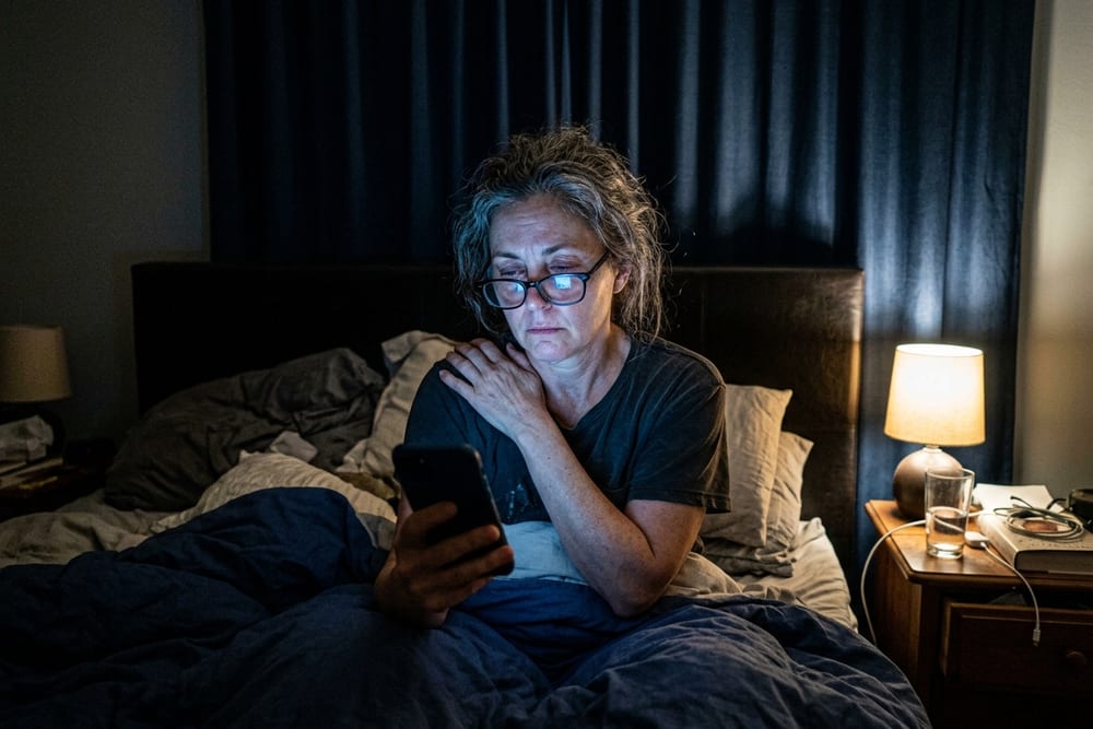 Woman age 52 lying in bed at 3am propped up on her elbow with phone glow on her face, one hand massaging her painful shoulder, deep contrast lighting