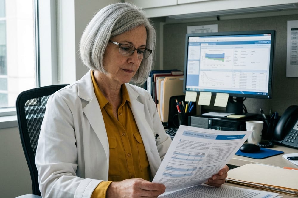 Female physician in mustard yellow blouse and white coat at her desk holding a printed clinical research paper with a monitor showing patient data behind her