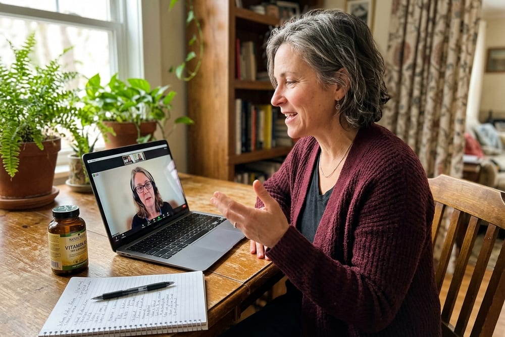 Woman in deep maroon cardigan at her dining table with laptop open showing a video call with a clinician, mid-conversation gesturing as she speaks, supplement bottle and notebook beside her