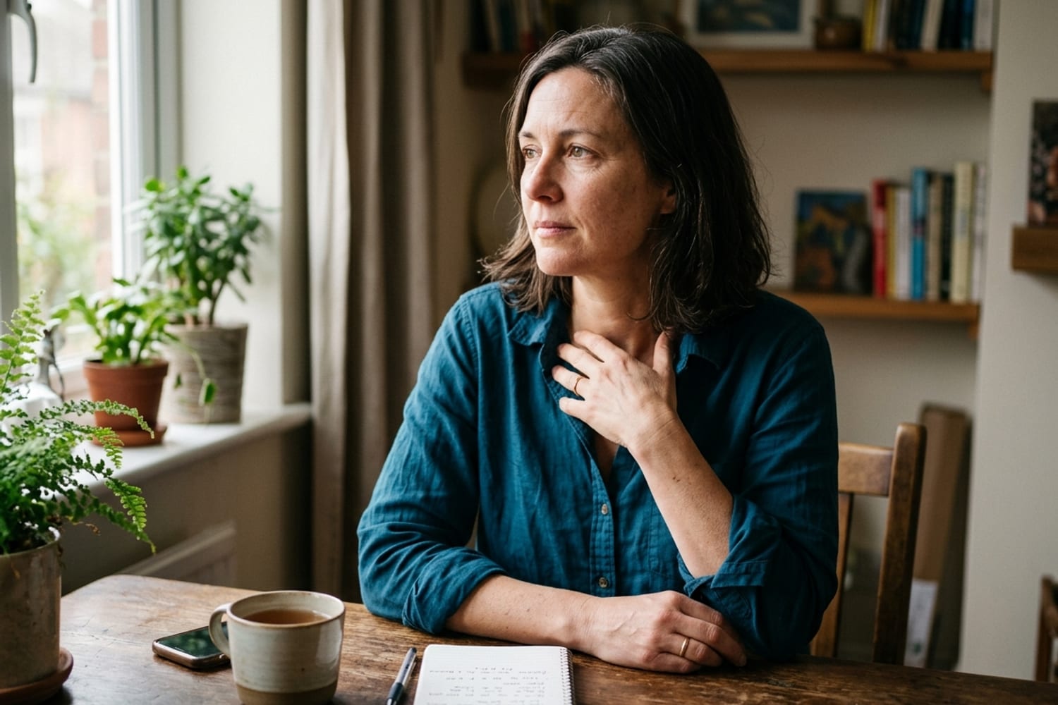 Woman age 44 in deep teal blue button-up shirt sitting at her dining table looking thoughtful, hand resting on her chest, calm rather than panicked expression, soft afternoon light