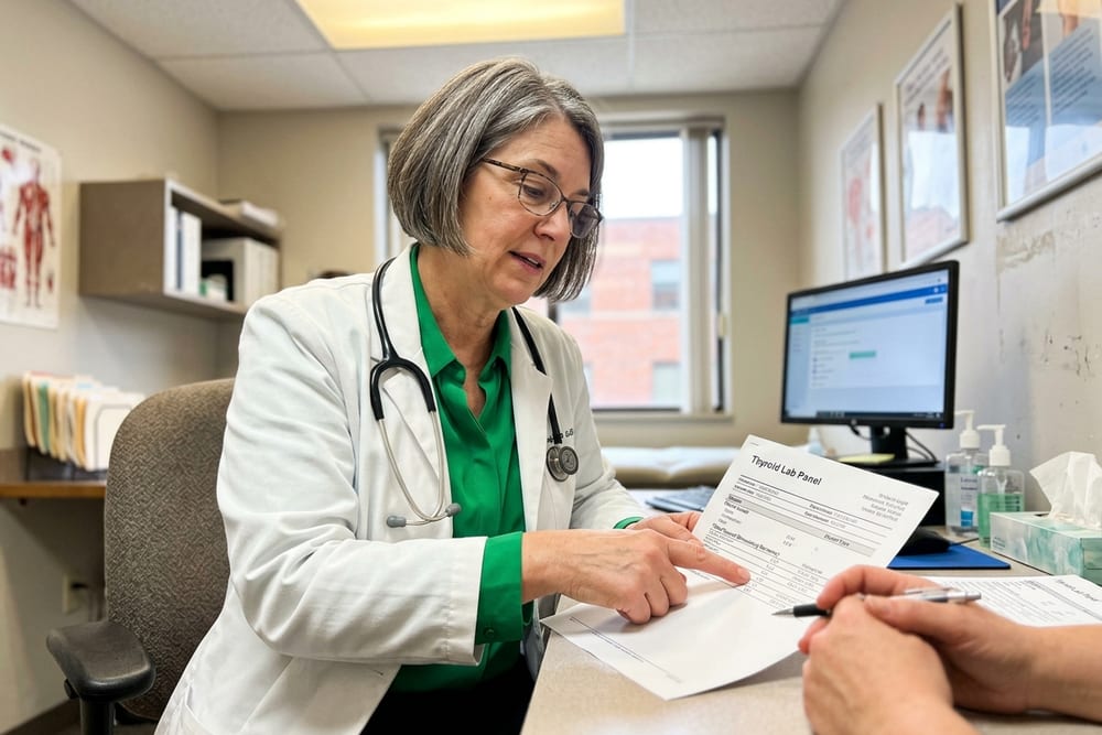 Female endocrinologist age 50s in white coat over saturated emerald green blouse reviewing thyroid test results with patient, exam room with daylight