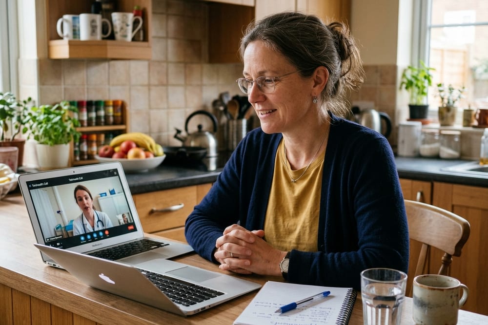 Woman age 47 in deep navy cardigan over a soft mustard yellow t-shirt taking a telehealth call with clinician visible on her open laptop, calm conversational expression