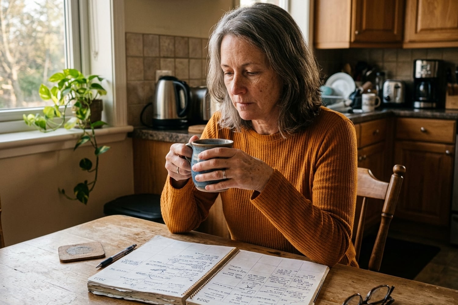 Woman age 54 in a deep saffron orange knit top sitting at her kitchen table with a planner open in front of her showing dates marked across multiple years, holding a cup of tea with a slight resigned but determined expression in late afternoon light