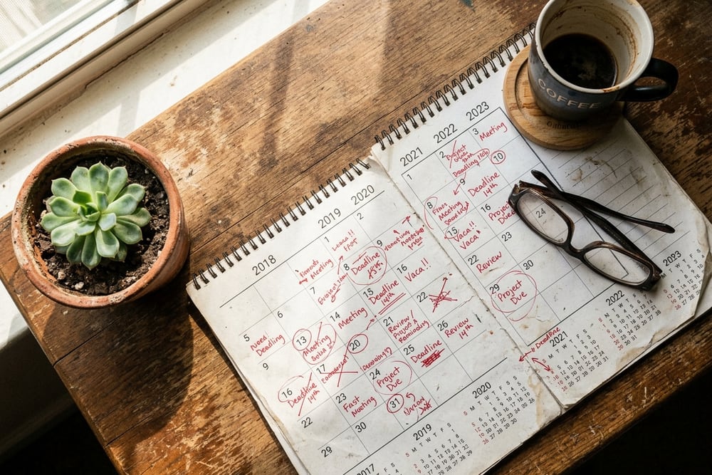 Overhead close-up of a wooden desk with a paper calendar showing seven years marked off in red ink, a coffee mug with cold remains, reading glasses, and a small plant casting a shadow in directional warm window light