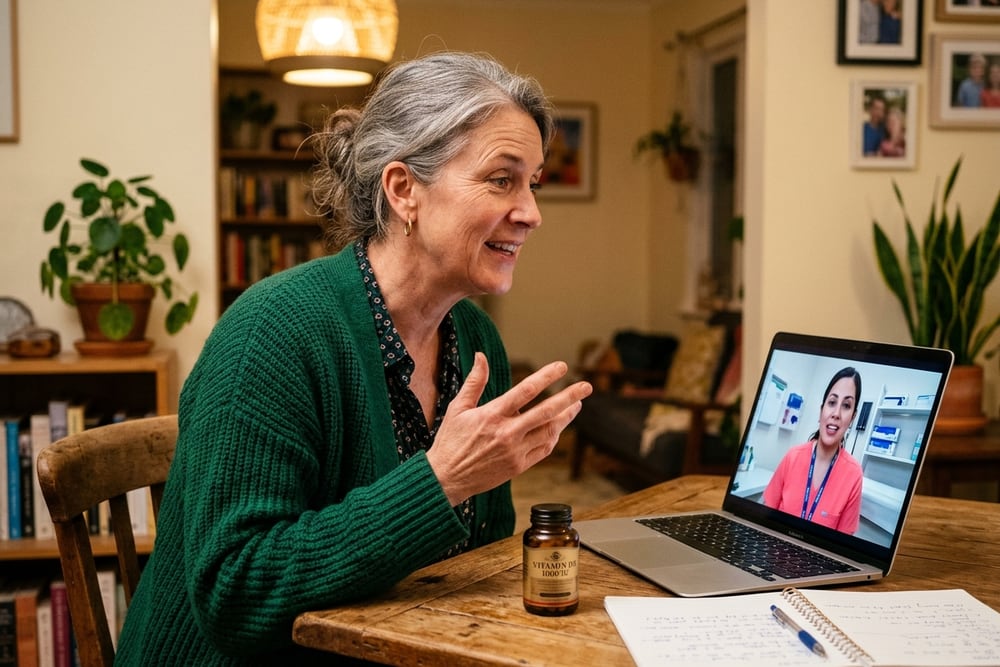 Candid telehealth moment, woman age 51 in a deep emerald green cardigan on a video call with a clinician on her laptop, the clinician visible on screen wearing saturated coral scrubs, mid-conversation expression, warm pendant light, a supplement bottle and an open notebook on the table