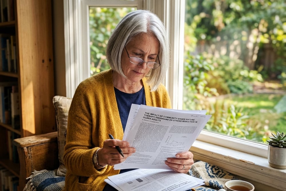 Woman age 56 with a silver bob and reading glasses pulled down, wearing a deep mustard yellow cardigan, sitting in a sunny window seat reading a research study printed on paper with a focused expression in late morning sun