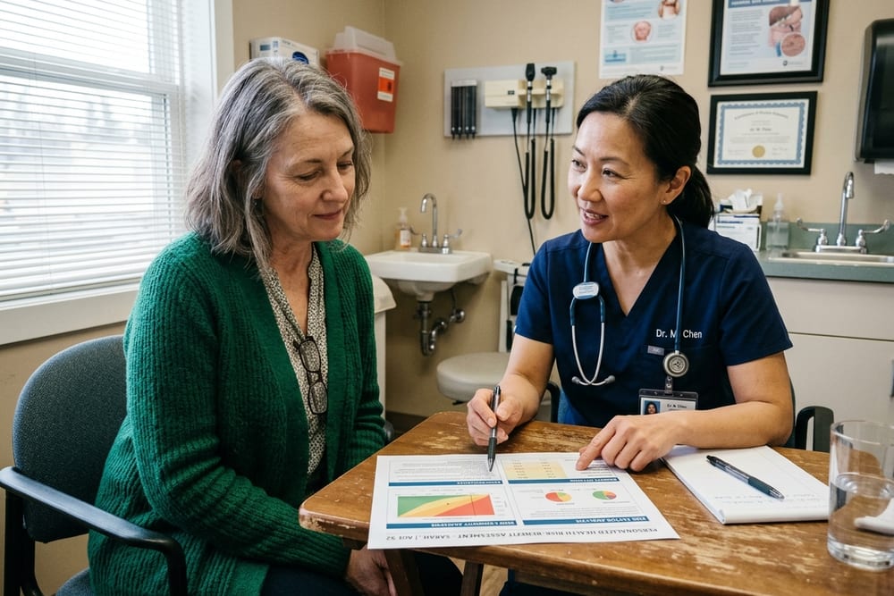 Woman age 52 in deep emerald green cardigan reviewing a personalized risk-benefit chart printout with a female clinician across a small table in conversation