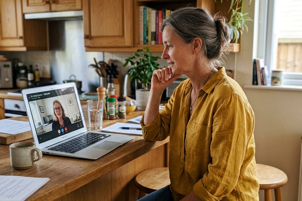 Woman age 49 in mustard yellow blouse on a video telehealth call with clinician visible on a laptop screen, attentive listening expression