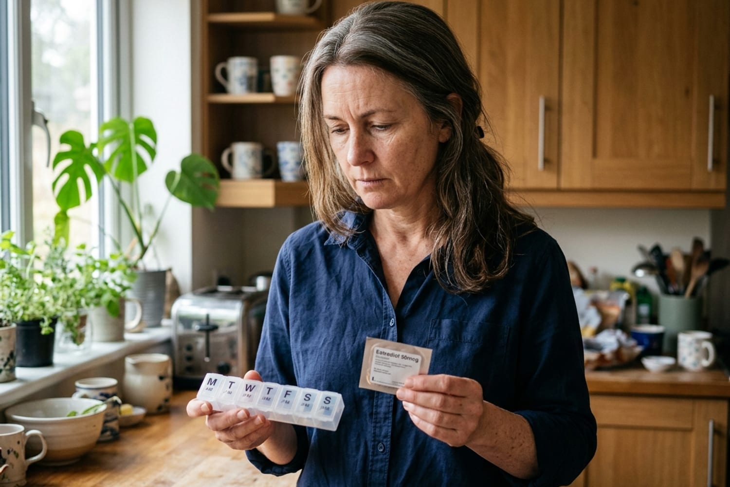 Woman age 50 in deep navy blue button-up shirt holding an HRT pill organizer and a transdermal patch, looking at them with a thoughtful considering expression in a modern kitchen with soft window light