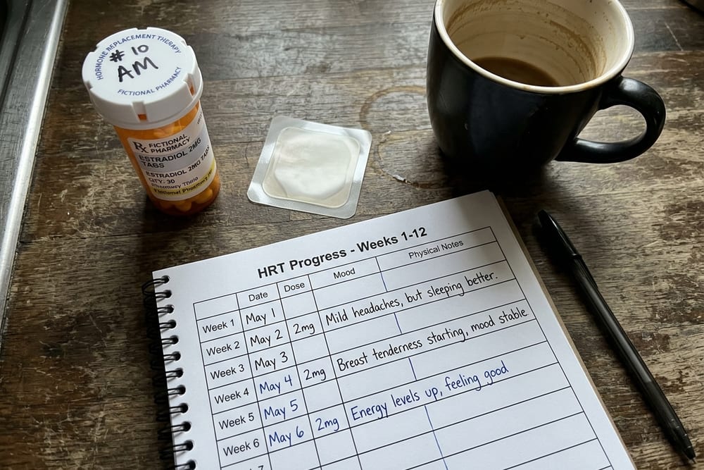 Overhead view of a kitchen counter with an HRT pill bottle, a transdermal estradiol patch, a printed side-effect tracking journal showing weeks 1 through 12 with handwritten notes, a coffee mug, and a pen on weathered wood with directional morning light