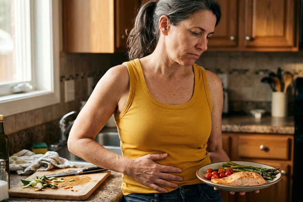Woman age 49 in saturated mustard yellow tank top at a kitchen counter, hand on her stomach, holding a plate of salmon and vegetables she just prepared, slightly resigned expression