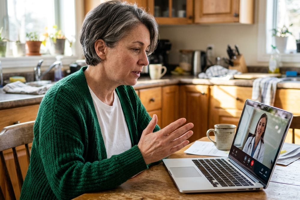 Woman age 52 in deep emerald green knit cardigan over a white tee on her laptop video-calling a clinician visible on screen, mid-conversation hand gesture, bright kitchen with afternoon light
