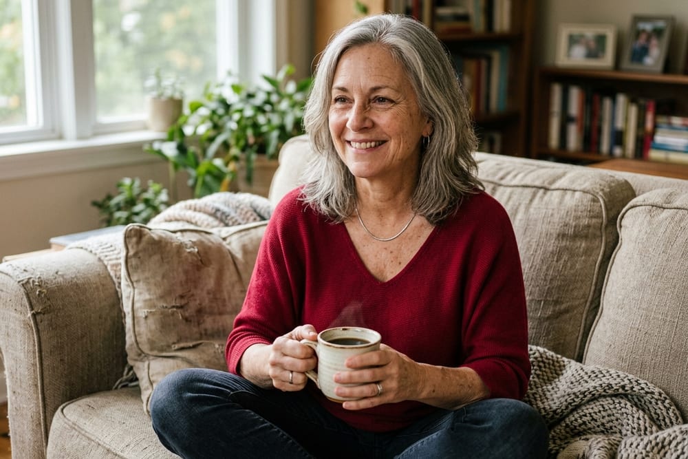 Woman age 54 in deep crimson red v-neck top, sitting on a couch holding a coffee, relaxed and content expression, soft afternoon light