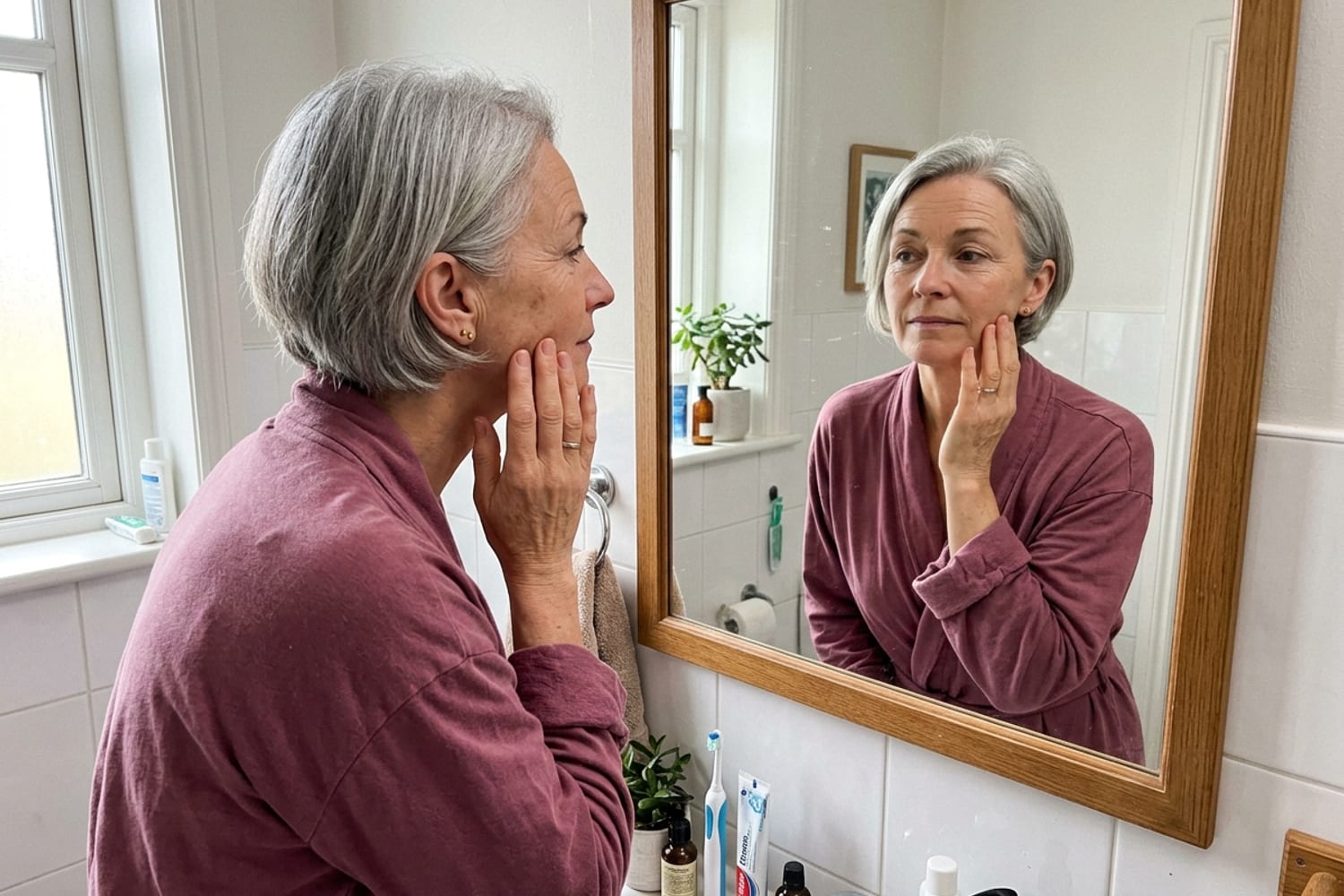 Woman age 53 in deep mauve pink robe with silver-grey hair examining her face thoughtfully in a bathroom mirror with real skin texture and gentle natural expression