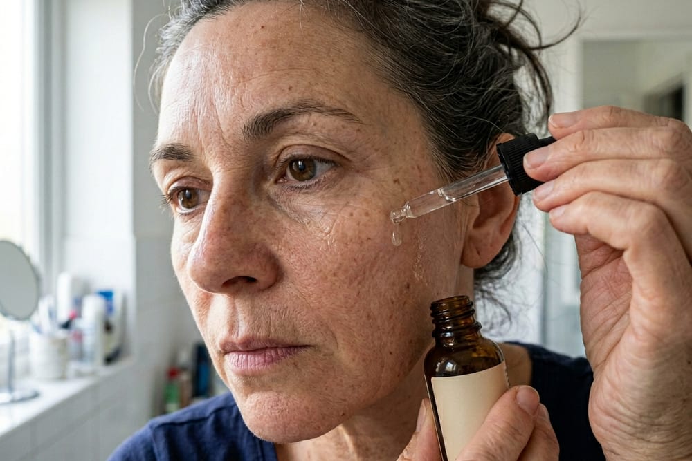 Extreme close-up of a woman age 52 applying retinoid serum from a small dropper bottle to her cheek with real skin texture and no makeup in directional window light