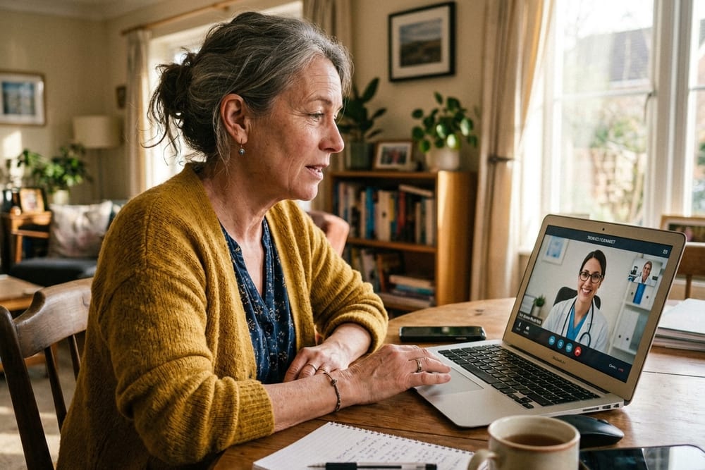 Woman age 52 in mustard yellow cardigan on telehealth call with a clinician visible on laptop in mid-listening expression with warm afternoon light