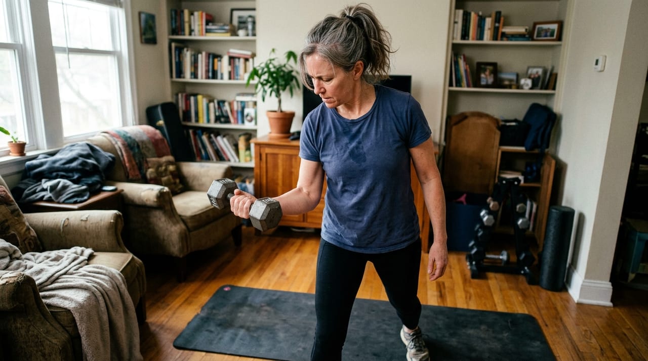Woman doing resistance training with dumbbells, well-lit and capable