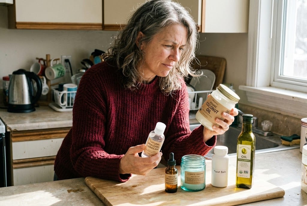 Woman age 51 in deep burgundy red knit sweater examining a clear glass jar of solid organic coconut oil on her kitchen counter with four other natural remedy bottles arranged on a wooden cutting board in directional morning light