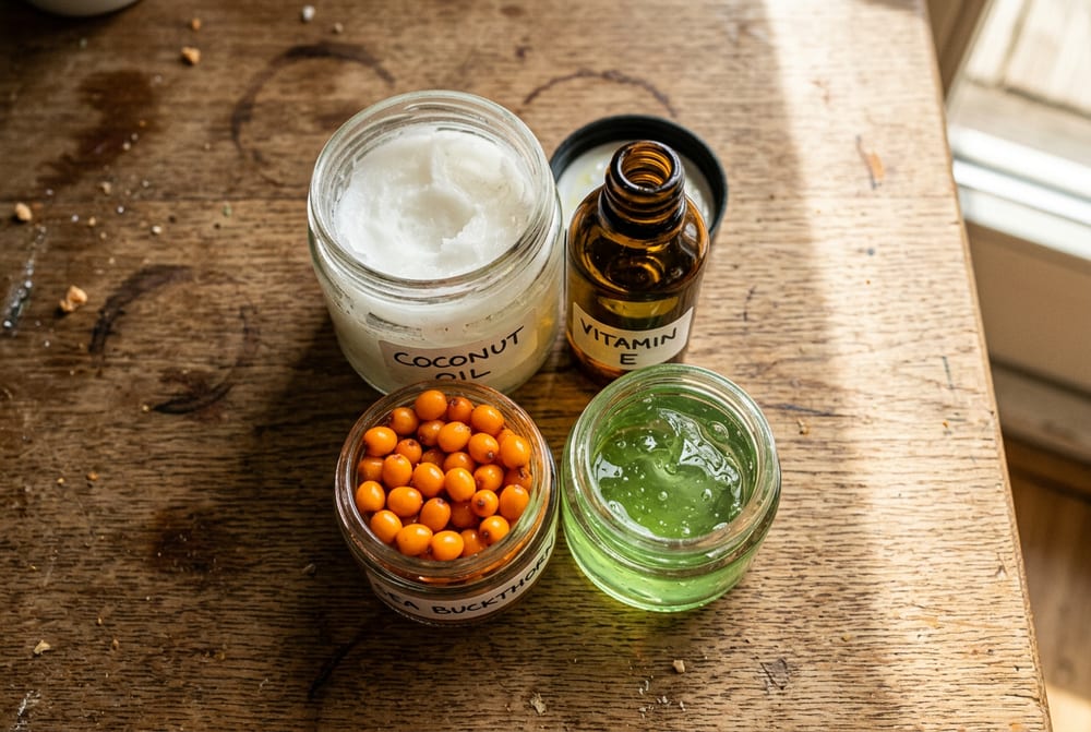 Extreme close-up overhead shot of four open jars and bottles of natural remedies on a wooden table - solid white coconut oil, golden vitamin E oil in amber bottle, bright orange sea buckthorn berries, and green aloe vera gel in clear glass
