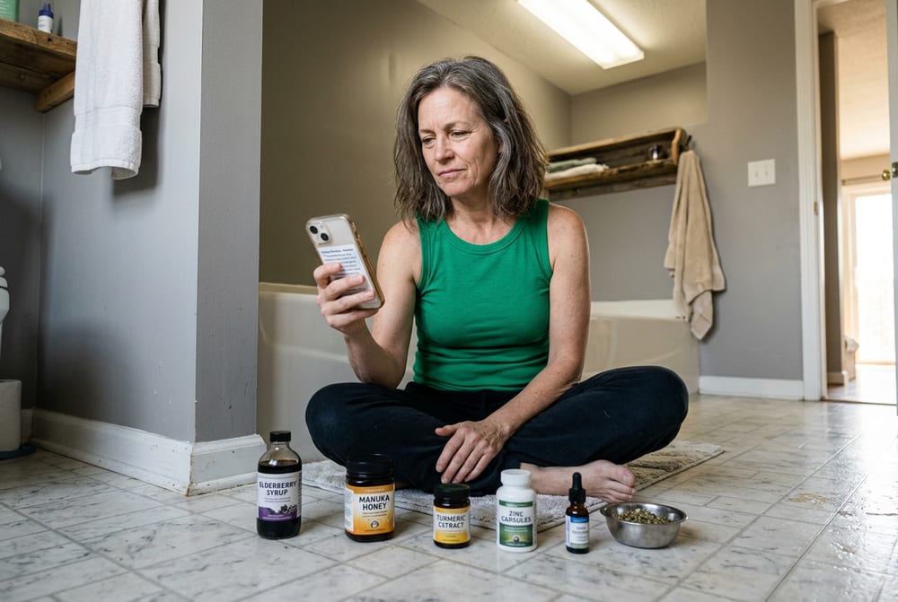 Woman age 49 in saturated emerald green tank top sitting on her bathroom floor with various natural remedy bottles spread around her on tile, looking at her phone reading product reviews with contemplative skeptical expression
