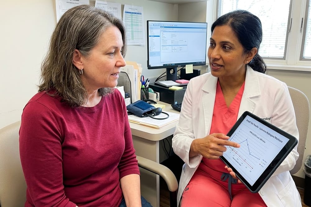 Woman age 50 in saturated burgundy red shirt in conversation with a female gastroenterologist in coral pink scrubs reviewing breath test results on a tablet in an exam room