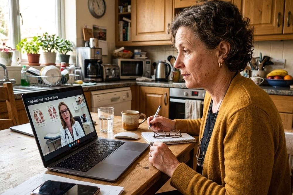 Woman age 52 in mustard yellow cardigan on a telehealth video call with a clinician visible on the laptop screen, attentive expression mid-listening, warm afternoon kitchen light