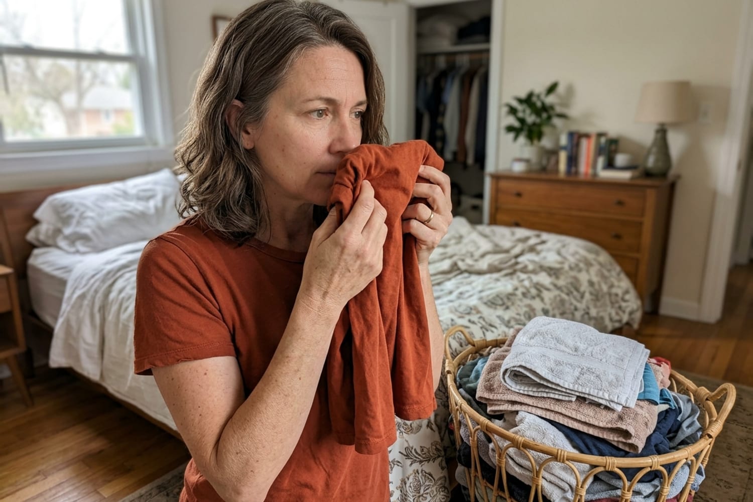 Woman age 48 in deep terracotta orange t-shirt sniffing the underarm of a fresh-from-laundry shirt with a slightly puzzled expression in soft morning bedroom light