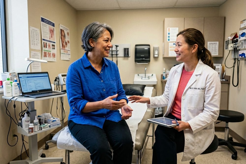 Woman age 50 in saturated cobalt blue button-up shirt at a dermatologist's office in conversation with a female dermatologist wearing a white coat over a coral pink top in a real exam room