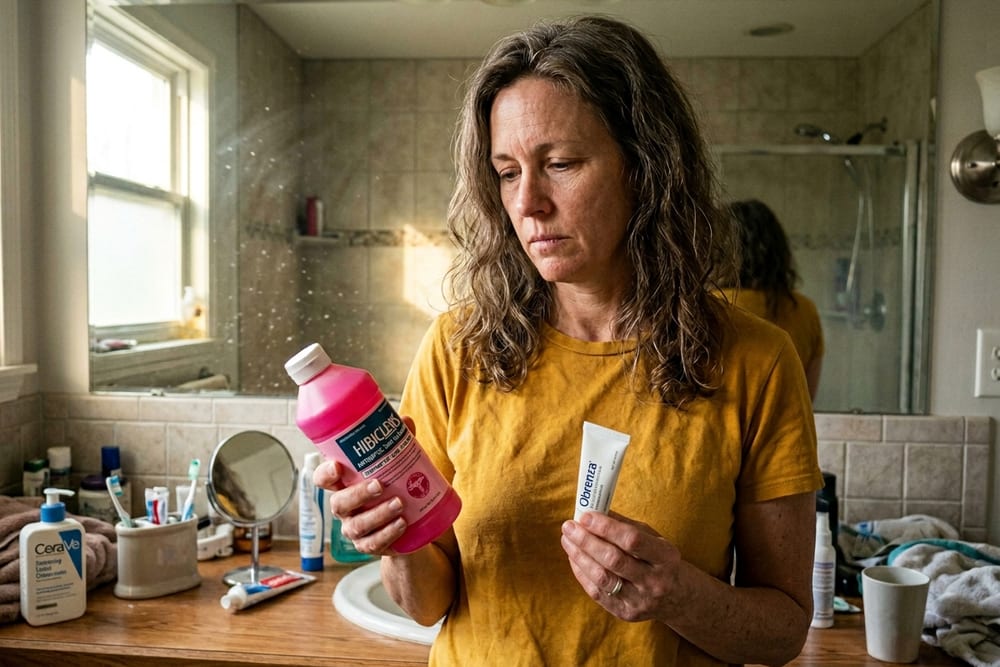 Woman age 49 in saturated mustard yellow cotton t-shirt holding a bottle of Hibiclens and a small tube of glycopyrrolate cream on her bathroom counter deciding which to apply in soft morning bathroom light