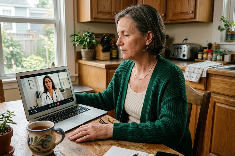 Woman age 52 in deep emerald green cardigan on a telehealth video call with clinician visible on screen, calm focused expression
