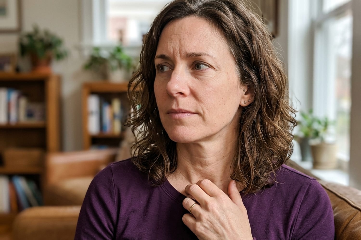 Woman age 48 in deep eggplant purple long-sleeve shirt with one hand pressed lightly to upper chest, thoughtful wincing-but-thinking expression in soft window light