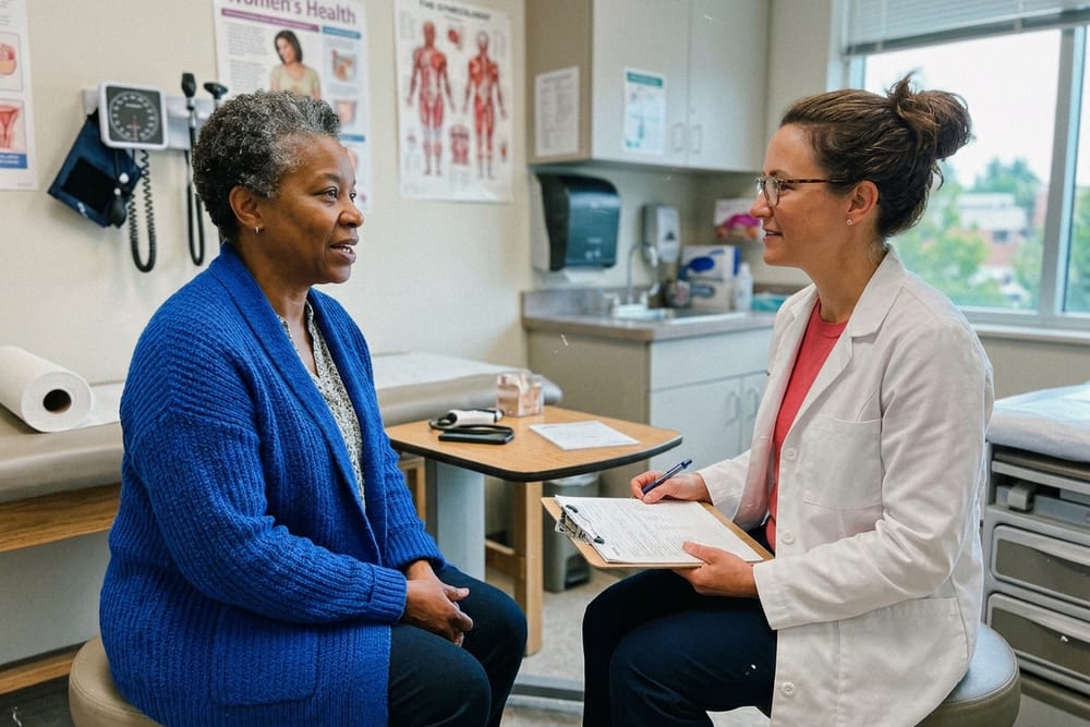 Woman age 51 in cobalt blue cardigan in conversation with a female gynecologist in white coat over coral top, exam room daylight, modest seated framing both faces visible